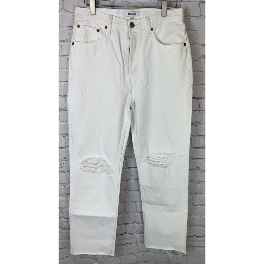 NWT RE/DONE Womens' White Destroyed 70’s Stove Pipe Jeans Distressed Sz 27 $295.